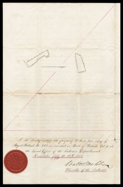  Walter M. Gibson 1886 document signed, copy of Hawaiian language Royal Patent No. 353 originally issued under King Kamehameha III for land in Moanalua, notarized and dated July
20, 1886, signed Walter M. Gibson as Minister of the Interior cert