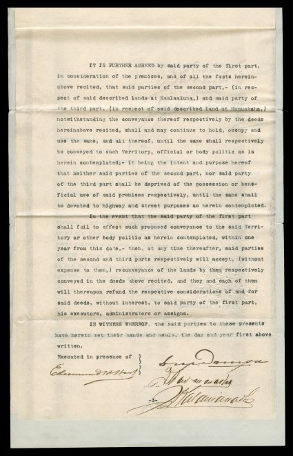 Princes David Kawananakoa and Jonah Kalanianole 1903 document signed, English language land deed to Samuel M. Damon from the two princes and the Kapiolani Estate, Limited
conveying parcels of land that Damon was to eventually transfer to the gov