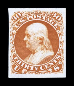 61P3, 30c Deep red orange August, plate proof on India, large margins, deep intense color, very fine and scarce (now listed as 71-E2b).