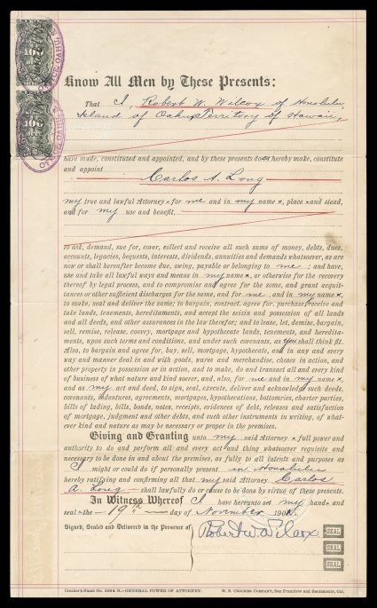 Robert W. Wilcox 1901 document signed, English language general power of attorney granted to Carlos A. Long by Robert Wilcox, $1.00 Black revenue vertical pair (R3 bottom stamp
slightly affected by document fold) tied by oval registrars handst