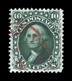 62B, 10c Dark green August, a gorgeous used example, possessing exceptional physical characteristics that are rarely encountered on this terribly challenging stamp, including
being marvelously well centered within large balanced margins, stunn
