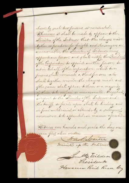 1880-1881 Hawaiian Railroad Company documents, a collection of five documents for the Hawaiian Railroad Co. to build and operate a railroad in the district of North Kohala, two
important documents relating to this are an 1880 agreement between th