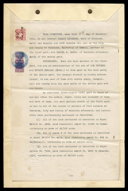 1914-16 Not Liable to Duty Dark Lilac adhesive, (M-H 463) applied to tax free property conveyances, six deeds with this unusual and seldom seen stamp tied by various handstamps,
interestingly three documents have 50c or $1.00 U.S. revenues app