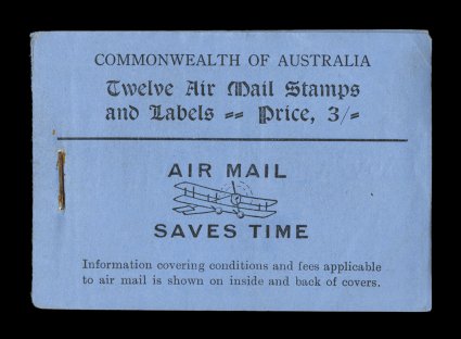 S.G. SB24, 1930 3- Airmail booklet of twelve 3p air post stamps and labels, unexploded booklet, the front cover has just the faintest trace of soiling (mentioned only for strict
accuracy), fine-very fine an elusive airmail booklet.
