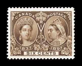 55, 1897 6c Jubilee, a striking mint single, featuring margins of enormous size for any Jubilee stamp, let alone this difficult Six Cent value, and quite remarkably, it is
extraordinarily well centered within these impressive borders, rich luxur