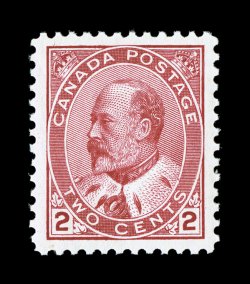 90, 1903 2c Carmine, marvelously well centered within large balanced margins, brilliantly rich color, o.g., n.h., an extremely fine gem (Unitrade C$180.00).