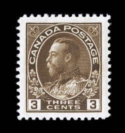108c, 1923 3c Brown, dry printing, exceedingly well centered within enormous margins, deep prooflike color and impression, o.g., n.h., extremely fine rarely seen with margins
this large (Unitrade C$90.00).