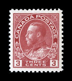 109, 1923 3c Carmine, Die I, outstanding centering amid uncharacteristically large margins, wonderfully bright and fresh, o.g., n.h., an extremely fine gem 2007 PF certificate
(XF-Superb 95) (Unitrade C$90.00).