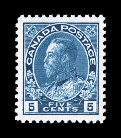 111, 1925 5c Dark blue, a highly desirable mint example, being impeccably well centered amid uncharacteristically large margins, outstanding color and impression on the whitest
paper imaginable, o.g., n.h., extremely fine (Unitrade C$600.00).
