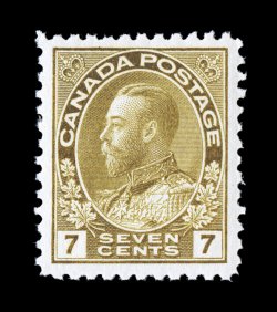 113b, 1912 7c Straw, wet printing, exceptionally well centered and margined, strong bright color in this scarce shade, o.g., n.h., extremely fine 2001 Greene Foundation
certificate (Unitrade C$750.00).