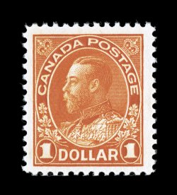 122b, 1923 $1.00 Orange, wet printing, dazzling color and an especially intense impression, nicely centered within unusually large margins, o.g., n.h., very fine (Unitrade
C$900.00).