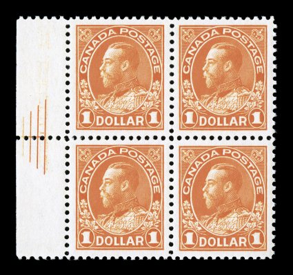 Unitrade 122iii, 1923 $1.00 Orange, dry printing, spectacular quality left margin pyramid block of four, extraordinarily well centered within lavishly large margins throughout,
gorgeous intense color and impression, o.g., n.h., top stamp with