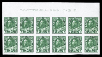 137, 1924 2c Green, imperforate, full top margin imprint and plate no. A 189 block of twelve, large margins all around, exceptionally fresh, o.g., lightly hinged in the selvage
and on one stamp in the bottom row, otherwise n.h., extremely fine