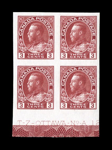 138, 1924 3c Carmine, imperforate, bottom margin imprint and plate no. A 12 block of four, large margins all around, deep rich color, o.g., top right stamp l.h., other three
n.h., extremely fine cataloged simpley as four singles.