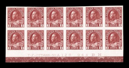 138, 1924 3c Carmine, imperforate, bottom margin imprint and plate no. A 128 block of twelve, full margins all around, rich vibrant color, o.g., four stamps in the top row
hinged, others n.h., very fine.