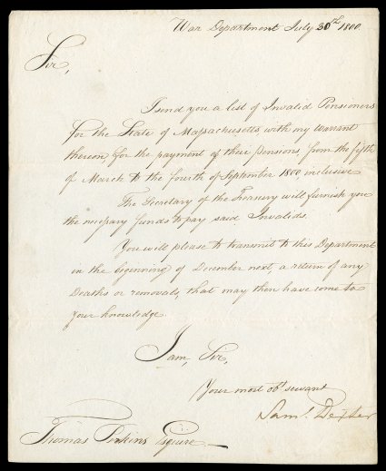 Secretaries of the Treasury, 1801-29 [J. Adams - J.Q. Adams] A series of autographs of early Secretaries of the Treasury. Includes: Two Manuscript Letters Signed  by Saml.
Dexter, 12 page and 23 page, 4to, Washington, July 30, 1800 an