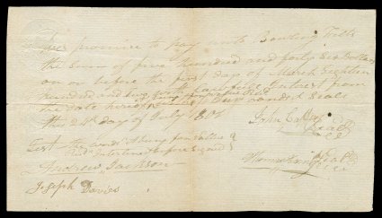 Jackson, Andrew Scarce early Autograph Document Signed Andrew Jackson as Justice of the Tennessee Supreme Court, 1 page, oblong 8vo, no place, July 24, 1801. He writes out and
witnesses a promissory note on behalf of John Caffery and Th
