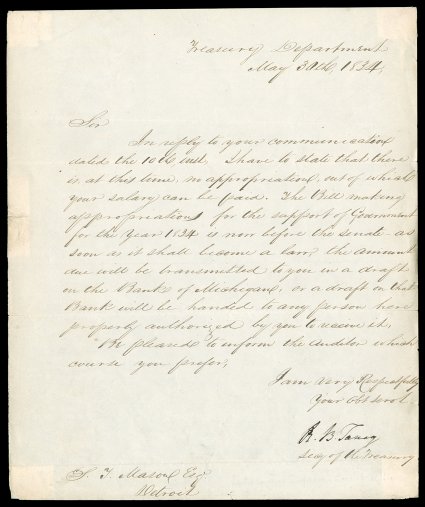 Secretaries of the Treasury, 1830-41 [Jackson - Van Buren]  A choice group of autographs including Manuscript Letter Signed S.D. Ingham as Secretary, 23 page, 4to, Washington,
October 2, 1830. He writes Nicholas Biddle, president of th