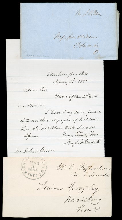 Secretaries of the Treasury, 1861-69 [Lincoln-Johnson] Interesting group of autographs from the Civil War and the tumultuous early years of Reconstruction. Includes uncommon
Autograph Postal Cover Franked S.P. Chase as US Senator-elect,
