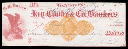 Grant, Ulysses S. Outstanding historical interest Autograph Document Signed as President, 1 page, narrow oblong 8vo, Washington, November 3, 1873. A check on a Jay Cooke & Co.
Bankers bank check, but with that name crossed through by the Pr