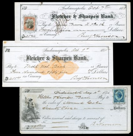 Harrison, Benjamin Three Autograph Documents Signed Benj. Harrison (2) and B. Harrison, each 1 page, narrow oblong 8vo, Indianapolis, October 7, 1873, October 9, 1875, and May
4, 1876. The first is drawn on Fletcher & Sharpes Ban