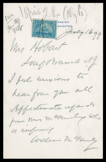 Good content Autograph Letter Signed in pencil William McKinley as President, 1 page, 8vo, on Executive Mansion stationery, Washington, July 13, 1899. He writes to the wife of
the Vice President, Mrs. Jennie Tuttle Hobart in Long Branch, NJ