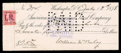 McKinley, William  Excellent combination Document Signed William McKinley as President, 1 page, oblong narrow 8vo, Washington, July 13, 1898. A check drawn on the American
Security and Trust Company in the amount of $25, payable to C.E.