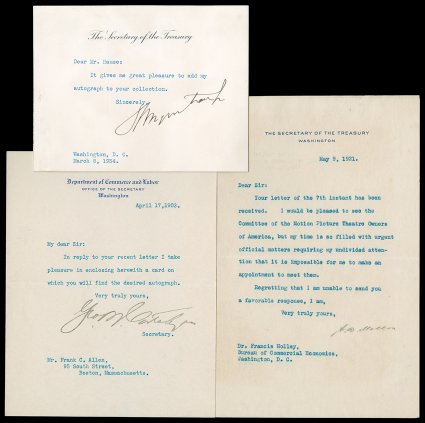 Secretaries of the Treasury, 1900+ [T. Roosevelt - Truman] Choice collection of autographs including Typewritten Letter Signed Lyman J. Gage as president of the First National
Bank of Chicago and Secretary of the Treasury nominee, 23 p