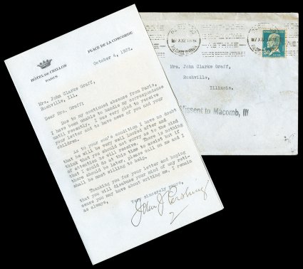 Pershing, John J. American soldier (1860-1948) commanded US expeditionary forces during World War I fought in the Spanish and Philippine Wars mentor to the US military leaders
of World War II. Compassionate Typewritten Letter Signed, Jo