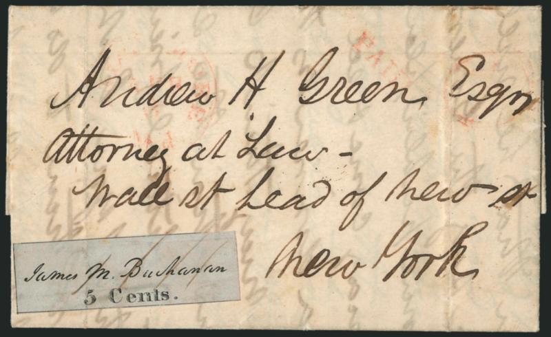 Baltimore Md., 5c Black on Bluish (3X3).> Position 3, full framelines at left and bottom, virtually complete at top, cancelled by four neat pen strokes with one just tying the stamp on Apr. 3, 1846 folded
letter to New York, lightly struck <red Balt