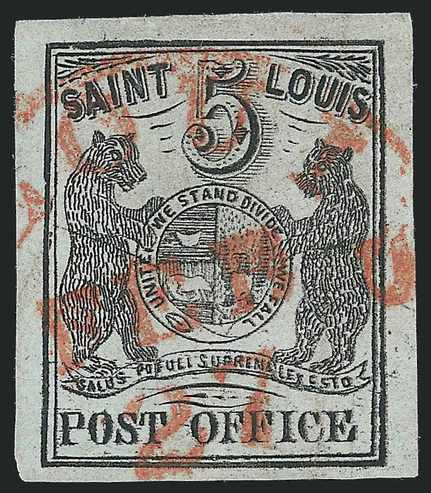 St. Louis Mo., 5c Black on Greenish (11X1).> Position 1, large even margins, <cancelled only by the orange-red St. Louis Mo. Feb. 27 circular datestamp,> deep impression on bright greenish paper, faint
vertical crease ending in a small tear at bott