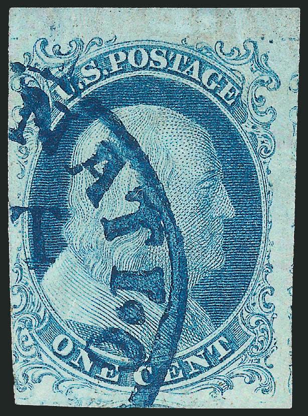 1c Blue, Ty. Ib (5A).> Position 6R1E, huge margins to just in at lower left, including sheet margin at top, beautiful Plate 1 Early color, bold strike of <blue> Cincinnati O. circular datestamp<><>^VERY FINE
AND CHOICE. AN OUTSTANDING EXAMPLE OF ON