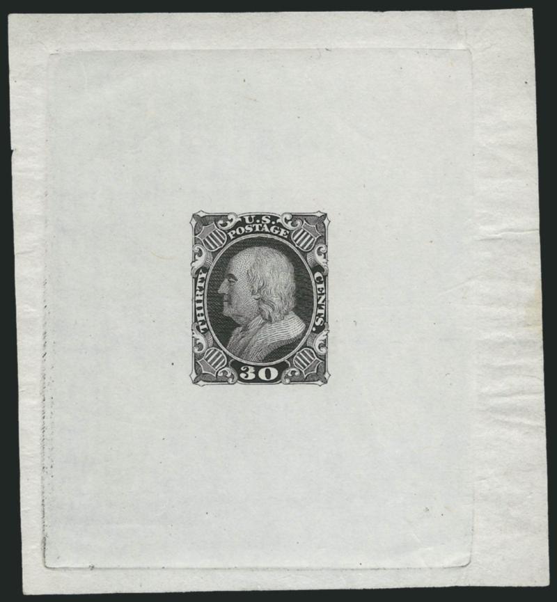 30c Black, Large Die Trial Color Proof on India (38TC1).> 75 x 82mm and with full die sinkage, detailed impression, light diagonal crease<><>^VERY FINE APPEARANCE. A RARE LARGE DIE TRIAL COLOR PROOF OF THE
30-CENT 1860 ISSUE, WHICH SHOWS FULL DIE S