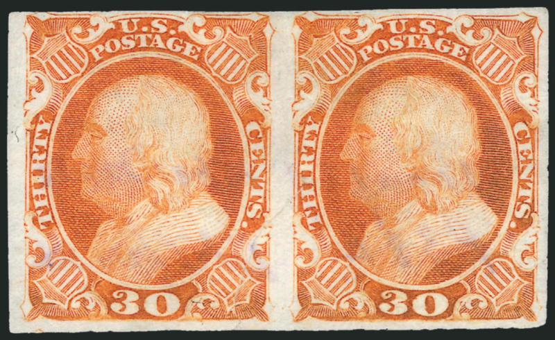 30c Orange, Plate Proof on India (38P3).> Horizontal pair, large margins all around, rich color, tiny thin speck at center, purple manuscript on back shows thru, otherwise Very Fine, this is the only multiple
we have offered since keeping computerize