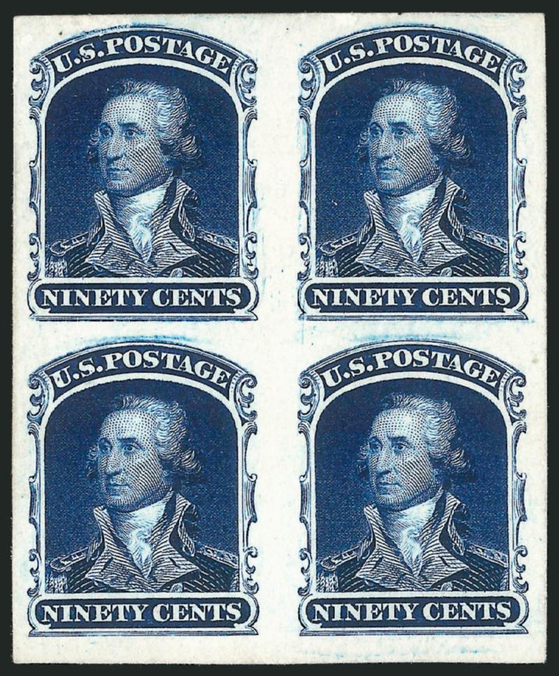 1c-90c 1857 Reprints, Plate Proofs on Card (40P4-47P4).> Blocks of four, incl. two of 12c (shades), all have ample to large margins, fresh and Very Fine, a rare set of blocks of the card proofs, ex
Finkelburg