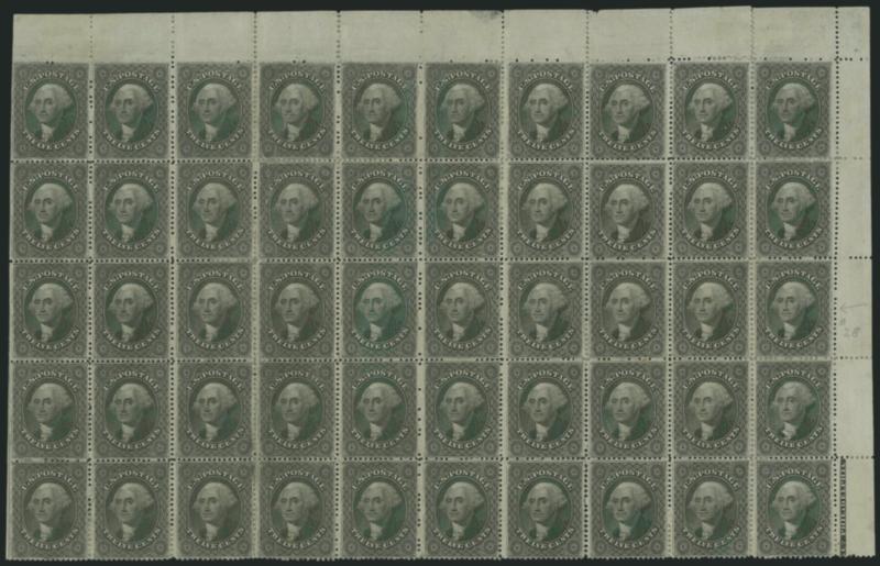 12c Black, Plate 3 (36B).> Block of fifty with sheet selvage at top and right, including <part imprint> at bottom right, unused (no gum), few faults incl. perf separations reinforced with hinges and few
creases and tears<><>^VERY FINE APPEARANCE. T