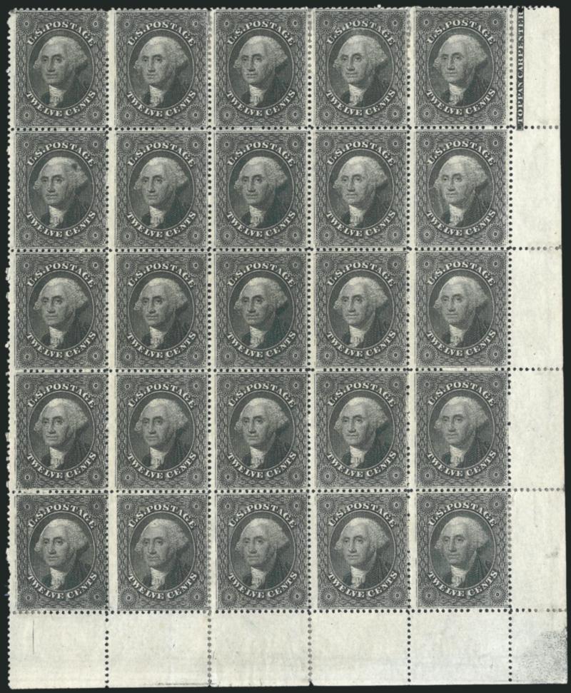12c Black, Plate 3 (36B).> Block of 25 with bottom right corner sheet selvage and <part imprint,> unused (no gum), intense shade and impression, few perf separations sensibly reinforced, top row light
horizontal crease<><>^FINE-VERY FINE APPEARANCE