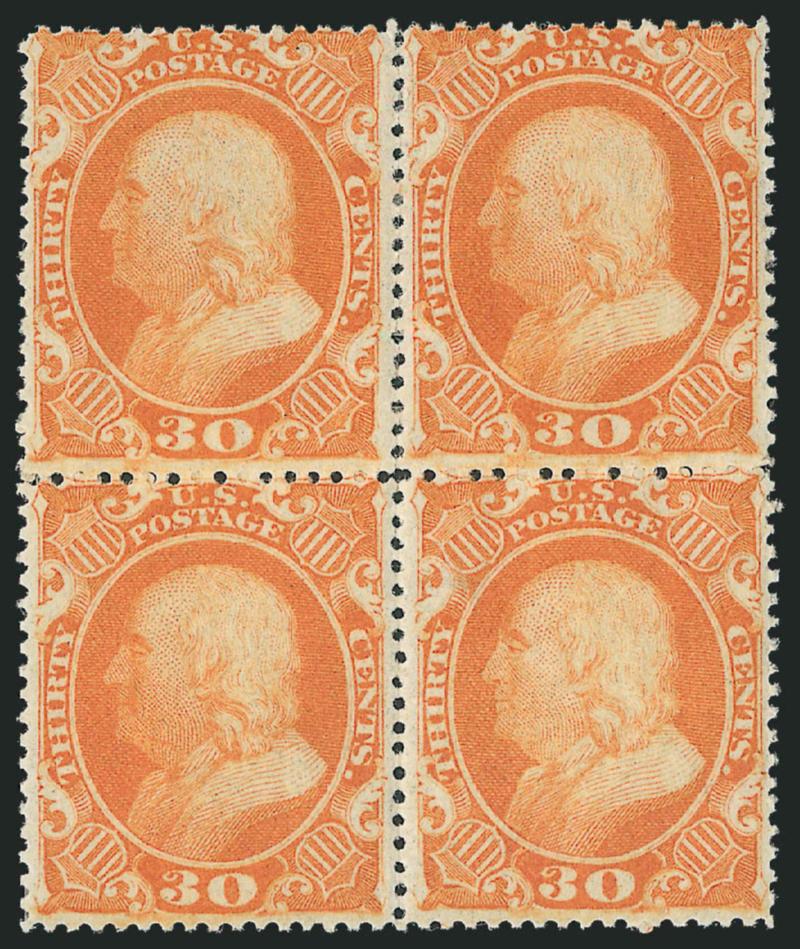 30c Orange (38).> Block of four, original gum, lightly hinged, vibrant color as fresh as the day it was printed, top stamps tiny hinge slivers<><>^VERY FINE. A RARE SOUND ORIGINAL-GUM BLOCK OF FOUR OF THE
30-CENT 1860 ISSUE. A DIFFICULT BLOCK TO FI