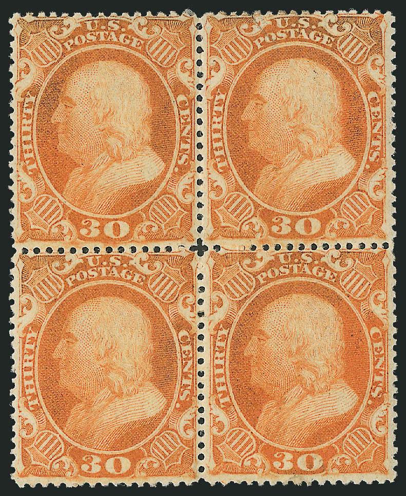 30c Orange (38).> Block of four, original gum, slightly oxidized, bottom right stamp trivial natural inclusion, top right stamp sealed tear at upper left<><>^VERY FINE APPEARANCE. A RARE ORIGINAL-GUM BLOCK OF
FOUR OF THE 30-CENT 1860 ISSUE.^<><>E