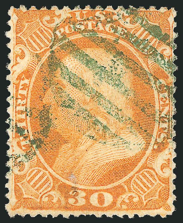 30c Orange (38).> Deep rich color, well-struck <green grid> cancel<><>^VERY FINE AND FRESH. ONE OF THE FEW HIGH-VALUE 1857-61 STAMPS IN EXISTENCE WITH A GENUINE TRUE GREEN CANCELLATION.^<><>Green cancellations
were rarely used on the higher denom