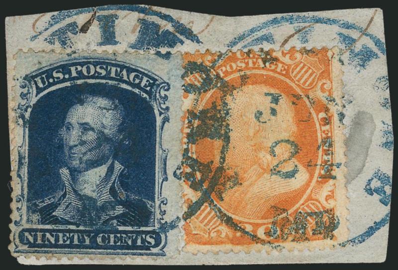 30c Orange, 90c Blue (38, 39).> Both tied slightly overlapping (90c on top) on small piece by blue Baltimore Md. Jun. 24 circular datestamps, 90c stamp expertly repaired<><>^FINE APPEARANCE. A RARE EXAMPLE OF
THE 90-CENT 1860 ISSUE USED ON PIECE.