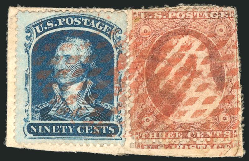 90c Blue (39).> Rich color, tied by unusual <red circle of diamonds fancy cancel> of New Haven Conn. on small piece with 3c Dull Red, Ty. III (26), tiny tears at top of 90c stamp which are mostly masked by the
red cancel, 3c stamp few clipped perfs<