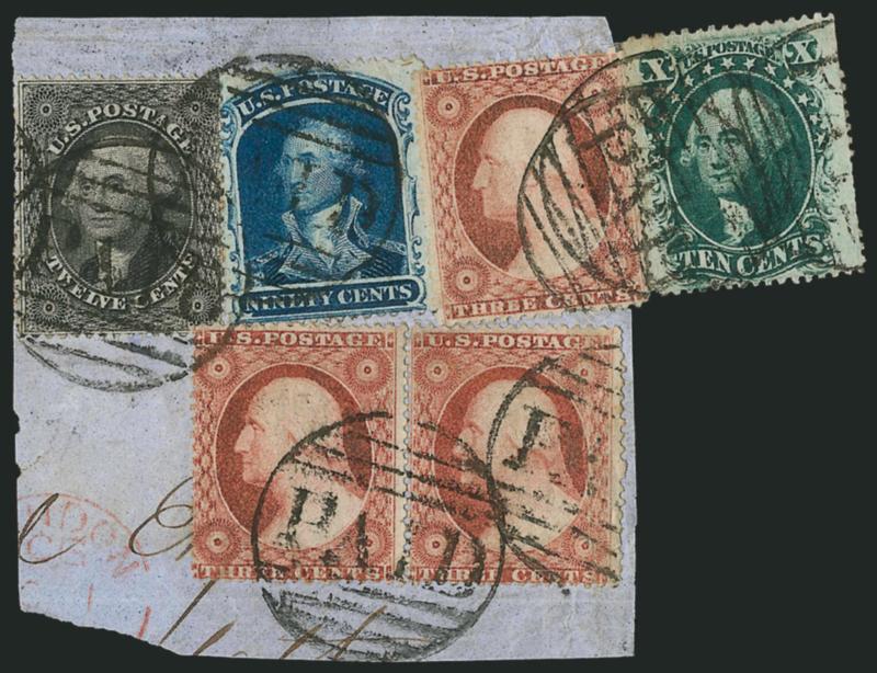 90c Blue (39).> Used on piece of blue cover with <horizontal pair and single of 3c Dull Red, Ty. III (26), 10c Green, Ty. V (35) and 12c Black, Plate 1 (36),> all stamps tied by Boston large Paid grid, each
slightly overlapping, piece shows part of