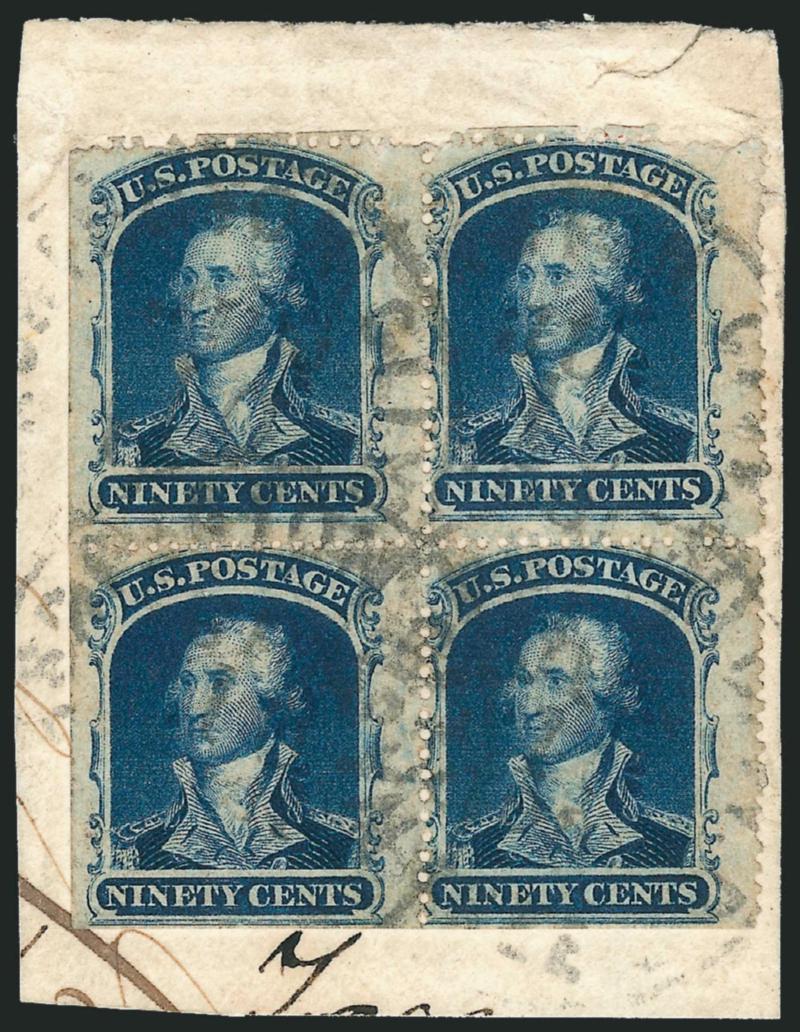 90c Deep Blue (39).> Block of four, deep rich color, tied by Washington City D.C. Free Jul. 10, 1861 circular datestamp struck four times, tying block to full corner of cover with ong Kong C Au 3 61>
backstamp, left and bottom perfs trimmed wel