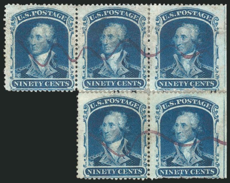 90c Blue (39).> Reconstructed block of five consisting of horizontal strip of three and a horizontal pair, <straddle-pane margin and centerline at right,> cancelled by neat <magenta wavy-line manuscript
cancel,> few flaws incl. right stamps with defe