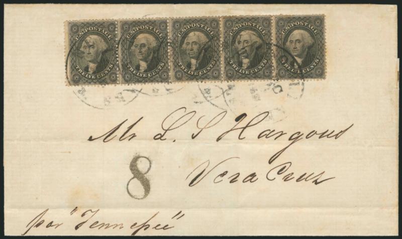 12c Black, Plate 1 (36).> Horizontal strip of five, tied by five strikes of New Orleans La. Dec. 14, 1858 circular datestamp on folded cover <to Vera Cruz, Mexico,> neat 8 reales due handstamp and manuscript
ship endorsement <<per Tennessee>>,