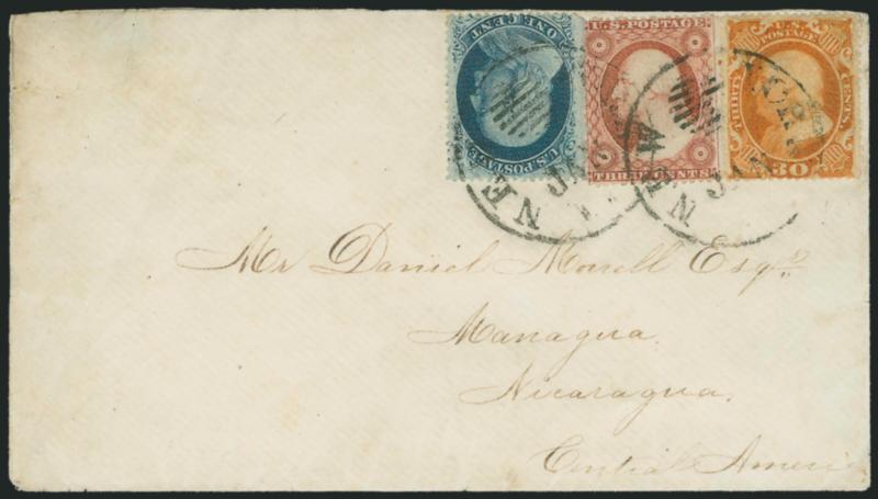 30c Orange (38).> Used with <1c Blue, Ty. V, and 3c Dull Red, Ty. III (24, 26),> single of each, tied by New York Jan. 11 <Ocean Mail> circular datestamp on cover <to Managua, Nicaragua>, franked to pay the
34c British mail rate via St. Thomas thou