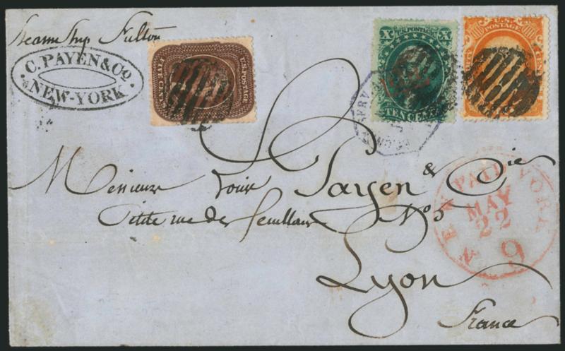 30c Orange (38).> Deep rich color, <used with 5c Brown, Ty. II (30A) and 10c Green, Ty. V (35),> tied by grid cancels, red New York Paid 9 May 22 credit datestamp on blue 1861 folded cover <to Lyon, France,>
French transit and red boxed PD also t