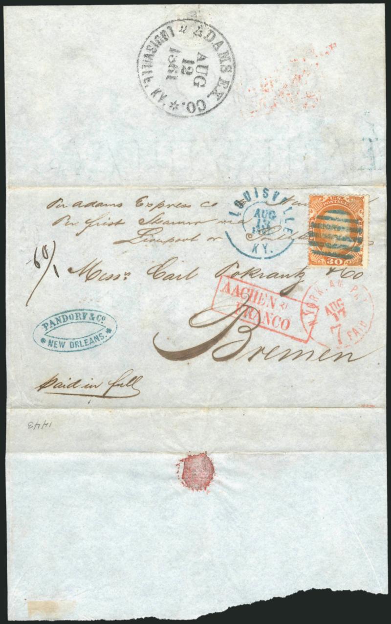30c Orange (38).> Cancelled by <blue> grid with matching Louisville Ky. Aug. 13, 1861 duplex double-circle datestamp on folded cover (without side flaps) <from New Orleans to Bremen, Germany,> well-struck
<Adams Ex. Co. * Louisville, Ky. * Aug. 12