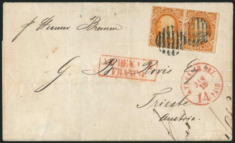 30c Orange (38).> Horizontal pair, tied by bold black grids, red N.York Am. Pkt. 14 Paid Jan. 19 credit datestamp on double-rate 1861 folded cover <to Trieste, Austria,> red boxed Aachen Franco transit
handstamp, receiving backstamp, light horizo